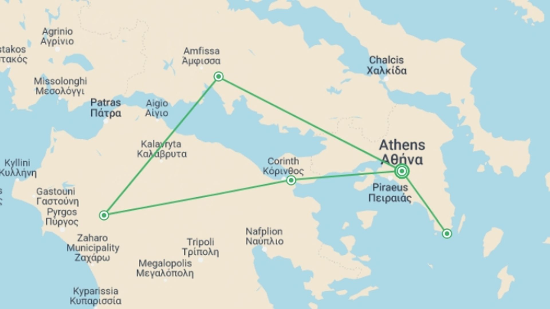 A map showing the tour itinerary for the trip: Classical Tour Greece Nafplion, Olympia, Delphi - Private Tour, starting in Athens, Greece and ending in Athens, Greece going through 2 other destinations.