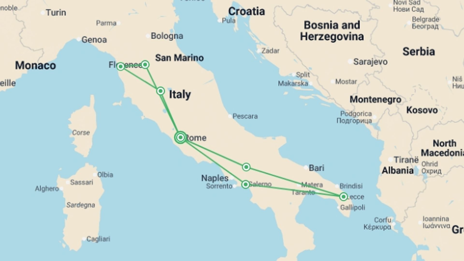 A map showing the tour itinerary for the trip: Amalfi, Apulia & Tuscany - 13 days, starting in Rome, Italy and ending in Rome, Italy going through 6 other destinations.