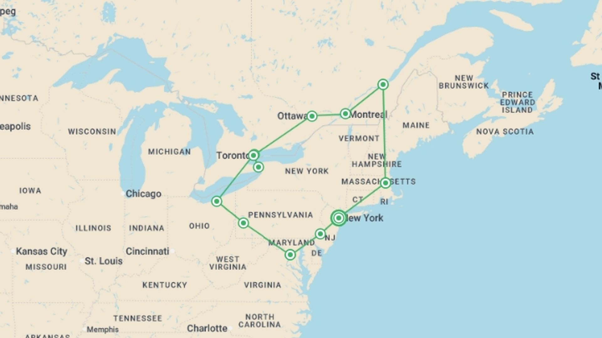 A map showing the tour itinerary for the trip: Eastern USA & Canada Escape, starting in New York, USA and ending in New York, USA going through 8 other destinations.