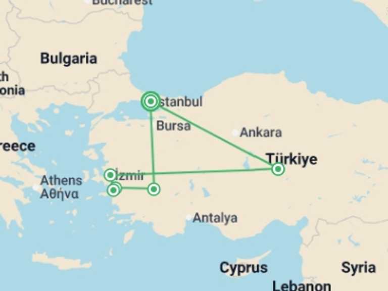 Map of Pamukkale Explorer Tour with 5 destination visits for the trip: Constantinople to Cappadocia & Pamukkale - 8 days