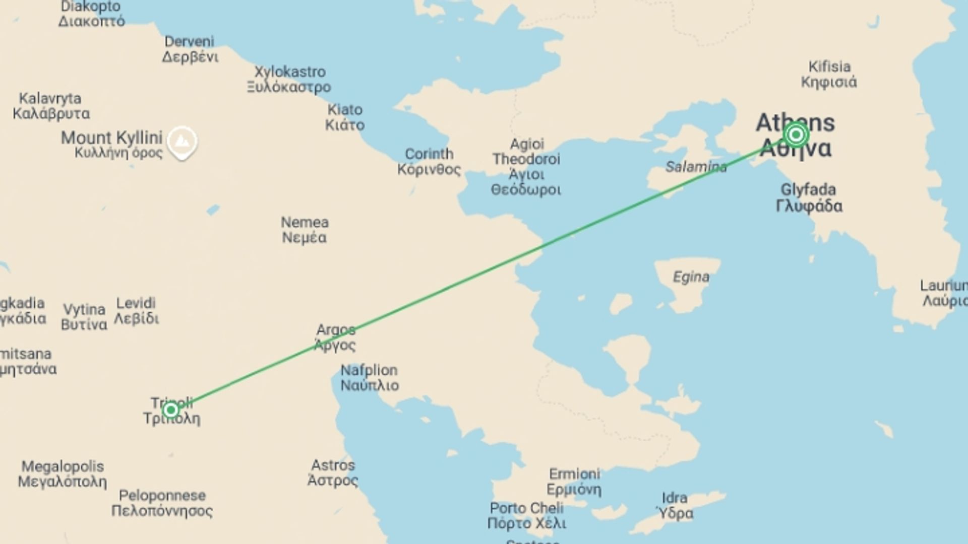 A map showing the tour itinerary for the trip: Radiant Peloponnese, starting in Athens, Greece and ending in Athens, Greece going through 1 other destinations.