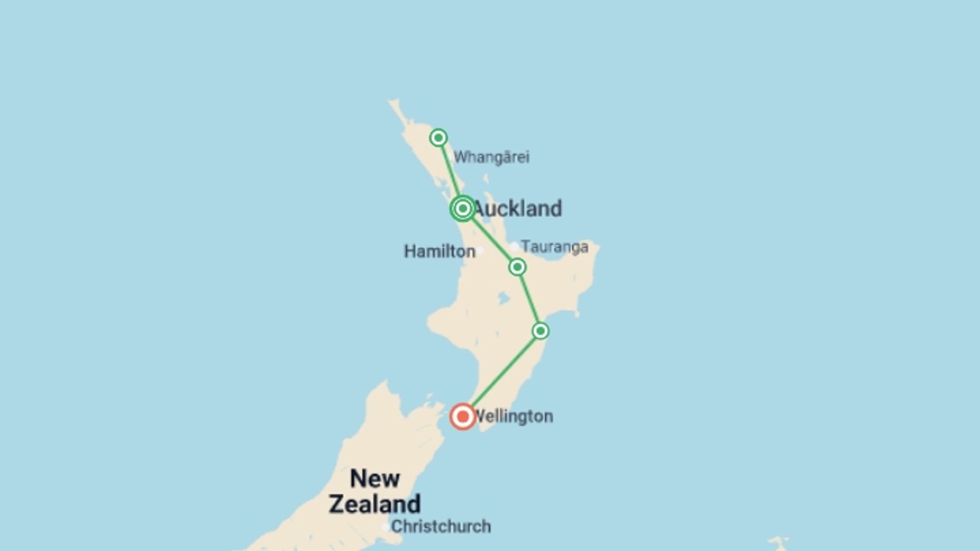 A map showing the tour itinerary for the trip: Northern Explorer, starting in Auckland, New Zealand and ending in Wellington, New Zealand going through 3 other destinations.