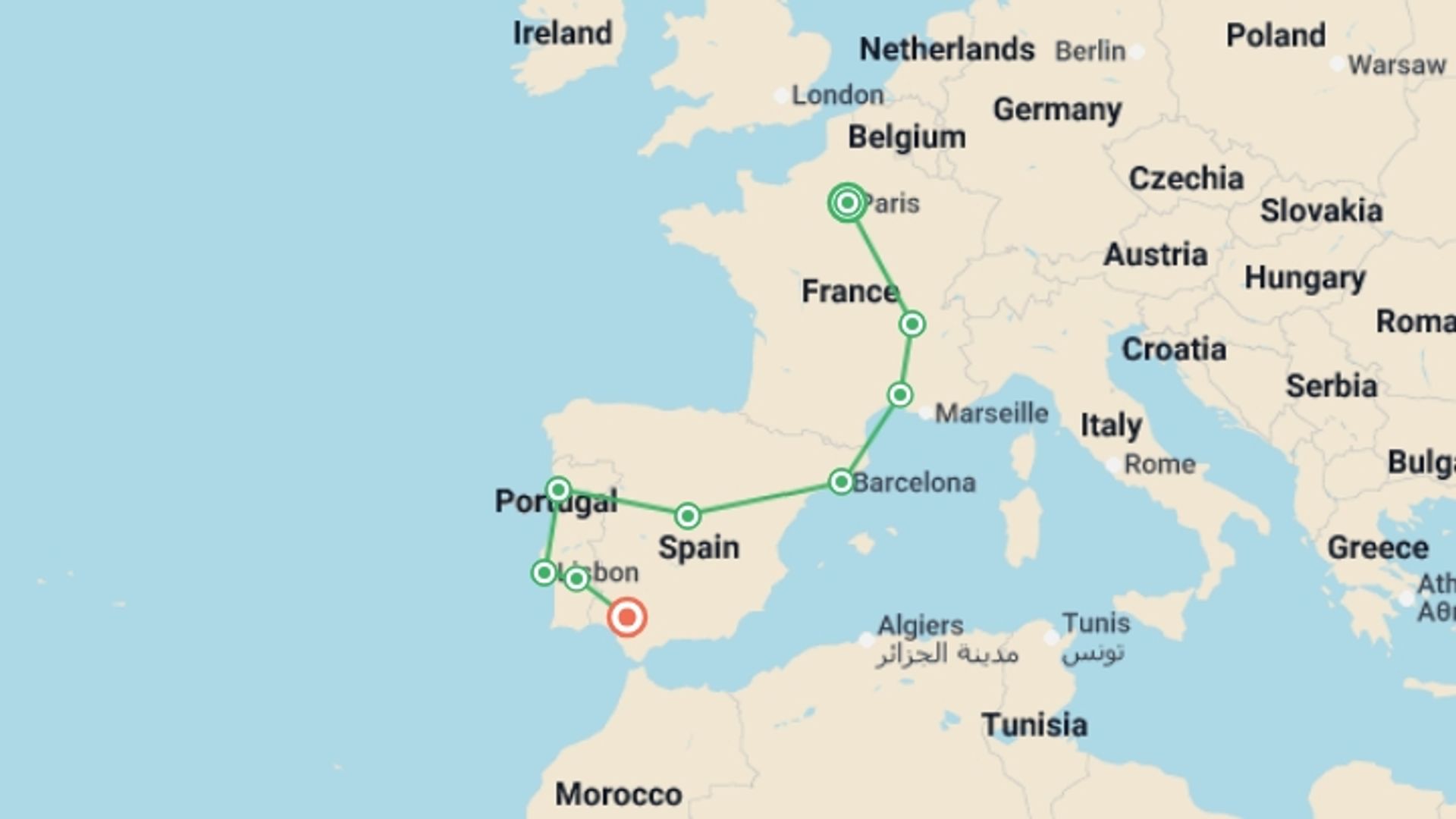A map showing the tour itinerary for the trip: Essential France, Spain & Portugal, starting in Paris, France and ending in Seville, Spain going through 7 other destinations.
