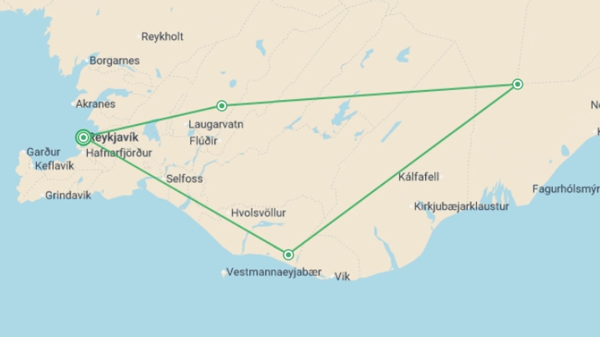 A map showing the tour itinerary for the trip: Snaefellsnes & South Iceland - 5 days, starting in Reykjavik, Iceland and ending in Reykjavik, Iceland going through 3 other destinations.