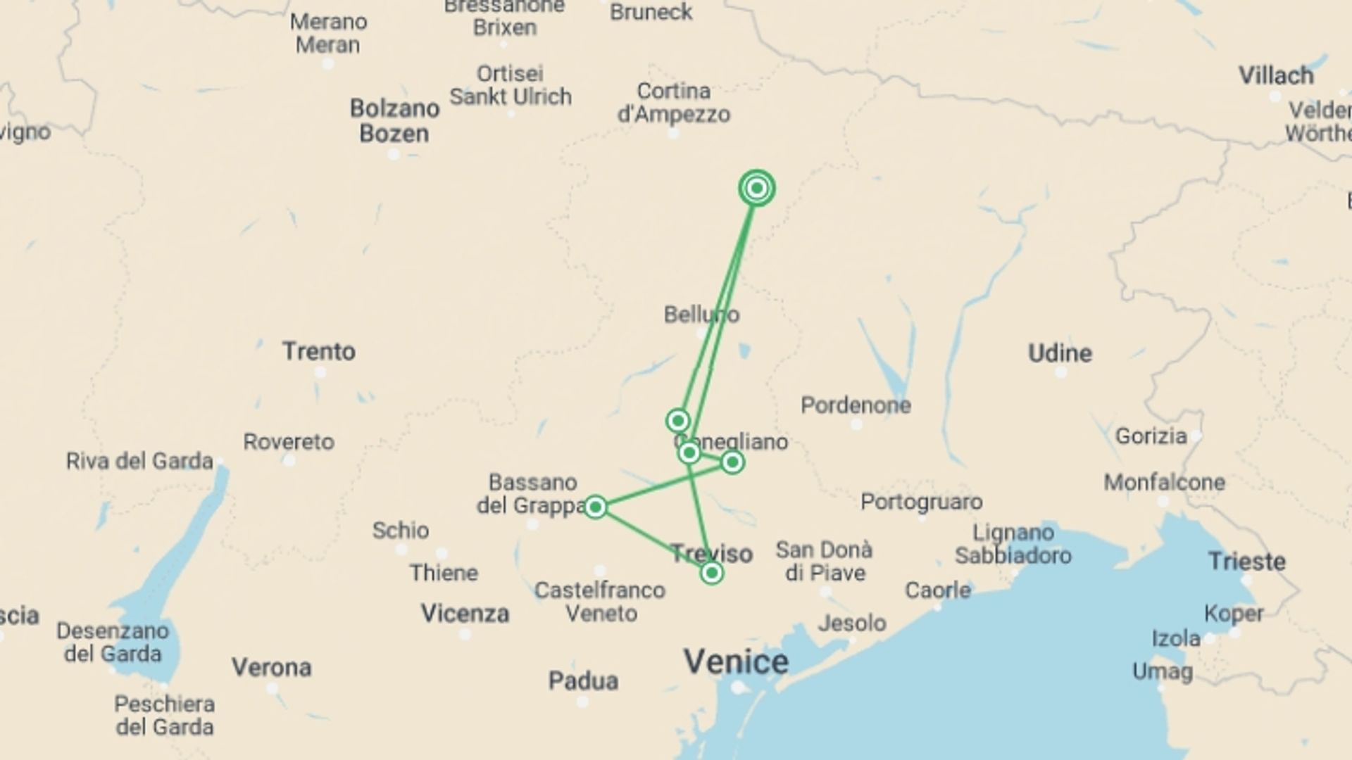 A map showing the tour itinerary for the trip: Walk The Prosecco Hills & Hidden Venice, starting in Pieve Di Cadore, Italy and ending in Pieve Di Cadore, Italy going through 6 other destinations.