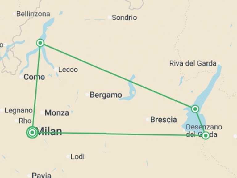 Map of Milan City sightseeing Tour with 4 destination visits for the trip: Milan, Lakes & Alps by Train - 6 days