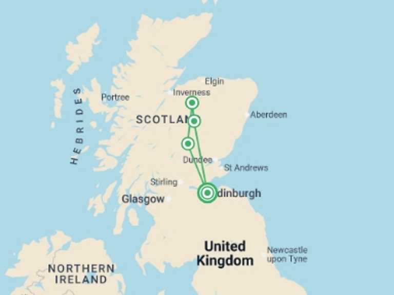 Map of Edinburgh Cultural, religious and historic sites Tour with 2 destination visits for the trip: Scotland Whisky Trail (Hotel) - 3 days