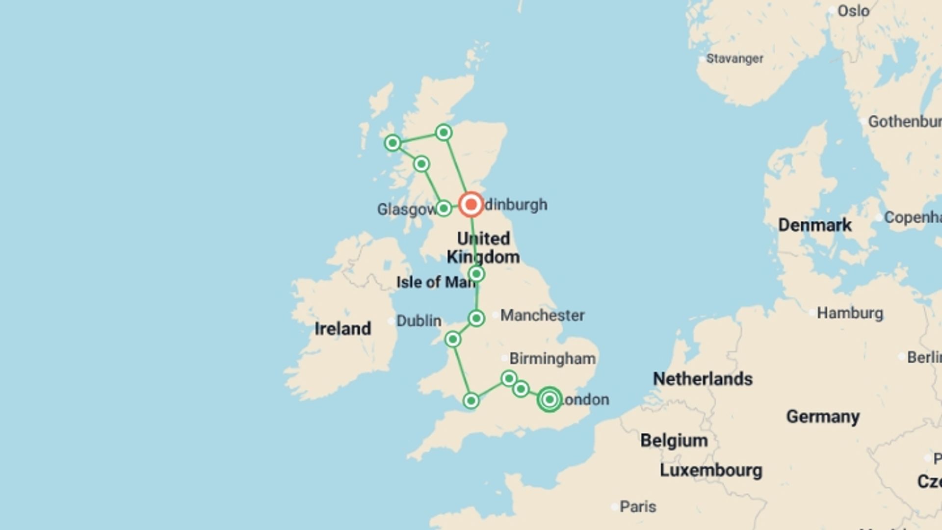 A map showing the tour itinerary for the trip: Best of England, Wales and Scotland, starting in London, England and ending in Edinburgh, Scotland going through 10 other destinations.