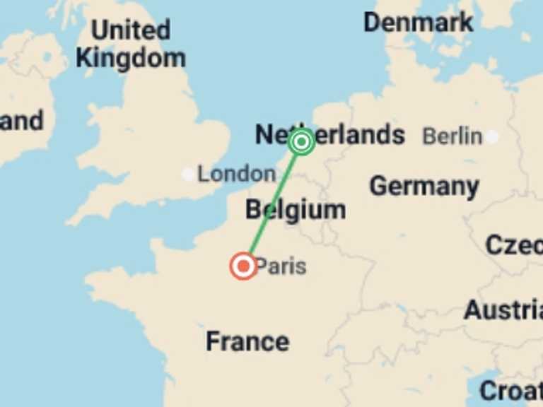 Map of Europe Tour with 2 destination visits for the trip: Amsterdam and Paris