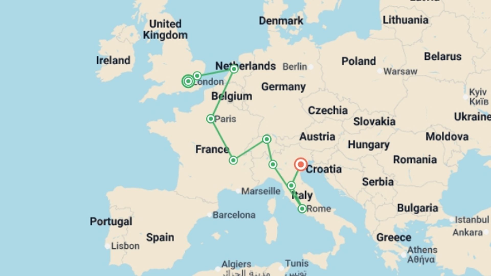 A map showing the tour itinerary for the trip: Trekking Through the Continent with Classical Italy, starting in London, England and ending in Venice, Italy going through 8 other destinations.