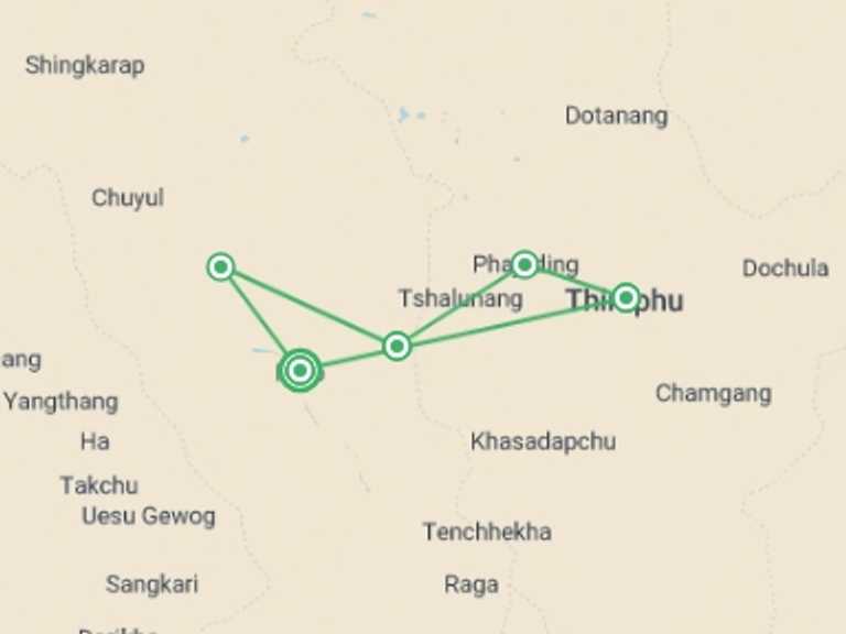 Map of a Adventure Tour with 5 destination visits for the trip: Bhutan Thimphu Festival & Trek