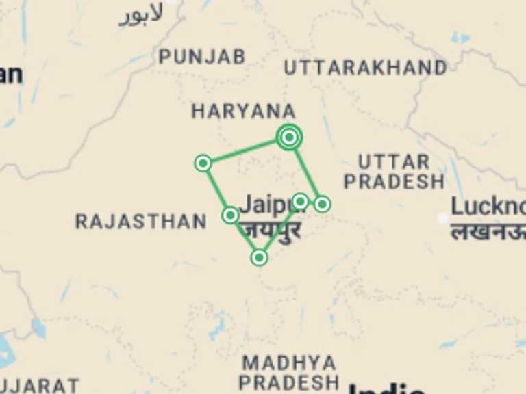 Map of Asia Tour with 6 destination visits for the trip: Highlights Of Northern India, German-speaking Guide