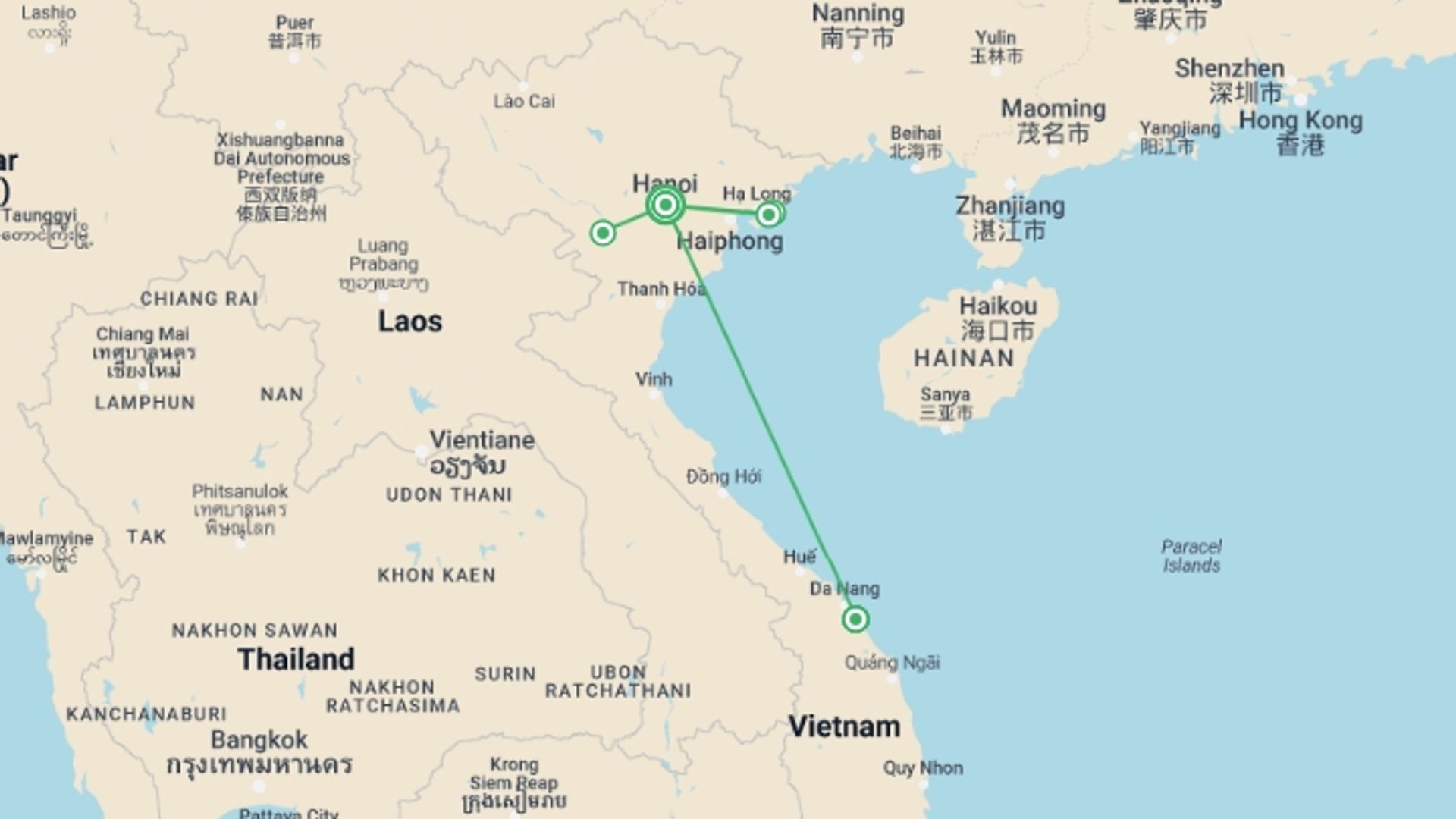 A map showing the tour itinerary for the trip: Summer Idyll 15 Days 14 Nights, starting in Hanoi, Vietnam and ending in Hanoi, Vietnam going through 4 other destinations.