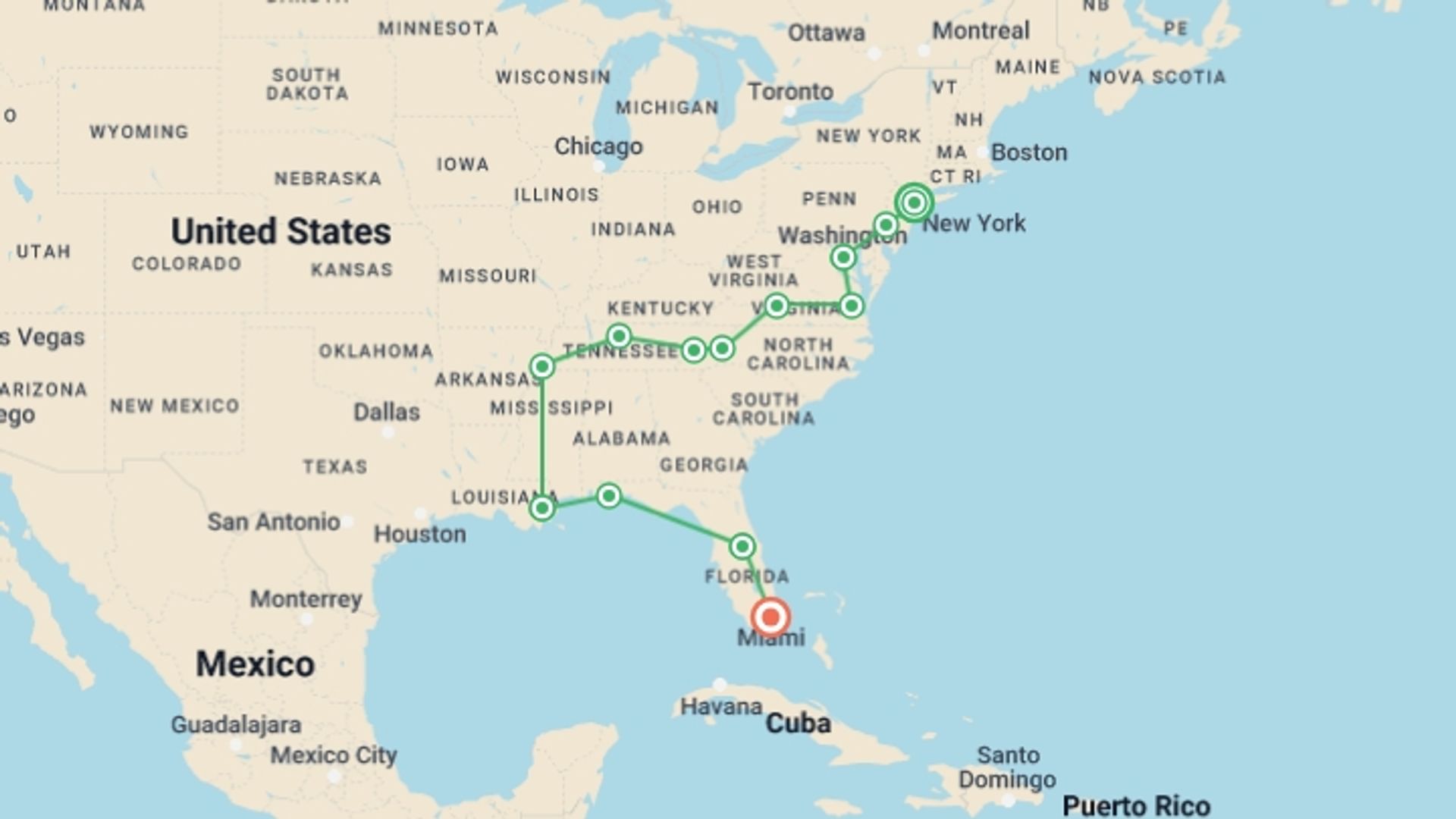 A map showing the tour itinerary for the trip: New York to Miami, starting in New York, USA and ending in Miami, USA going through 10 other destinations.