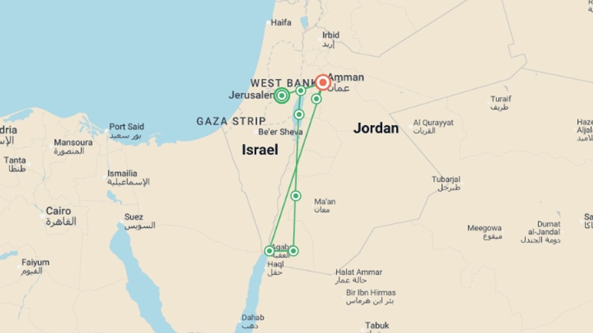 A map showing the tour itinerary for the trip: Jerusalem and unforgettable Jordan, starting in Jerusalem, Israel and ending in Amman, Jordan going through 4 other destinations.