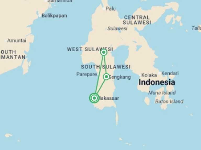 Map itinerary of Indonesia Tour in November 2025 with 3 destination visits for the trip: South Sulawesi Discovery - 6 days