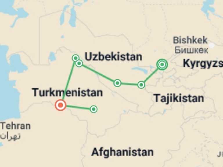 Map itinerary of Asia Tour in August 2026 with 7 destination visits for the trip: Uzbekistan & Turkmenistan Explorer - 15 days