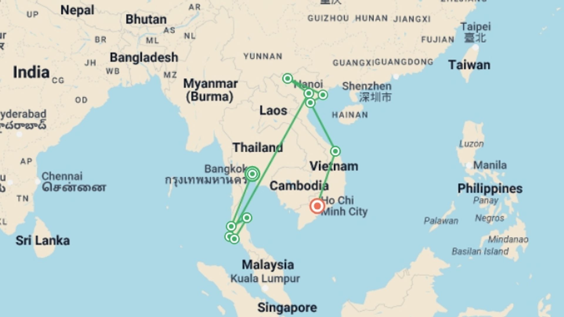 A map showing the tour itinerary for the trip: Thailand + Vietnam Experience, starting in Bangkok, Thailand and ending in Ho Chi Minh City, Vietnam going through 9 other destinations.