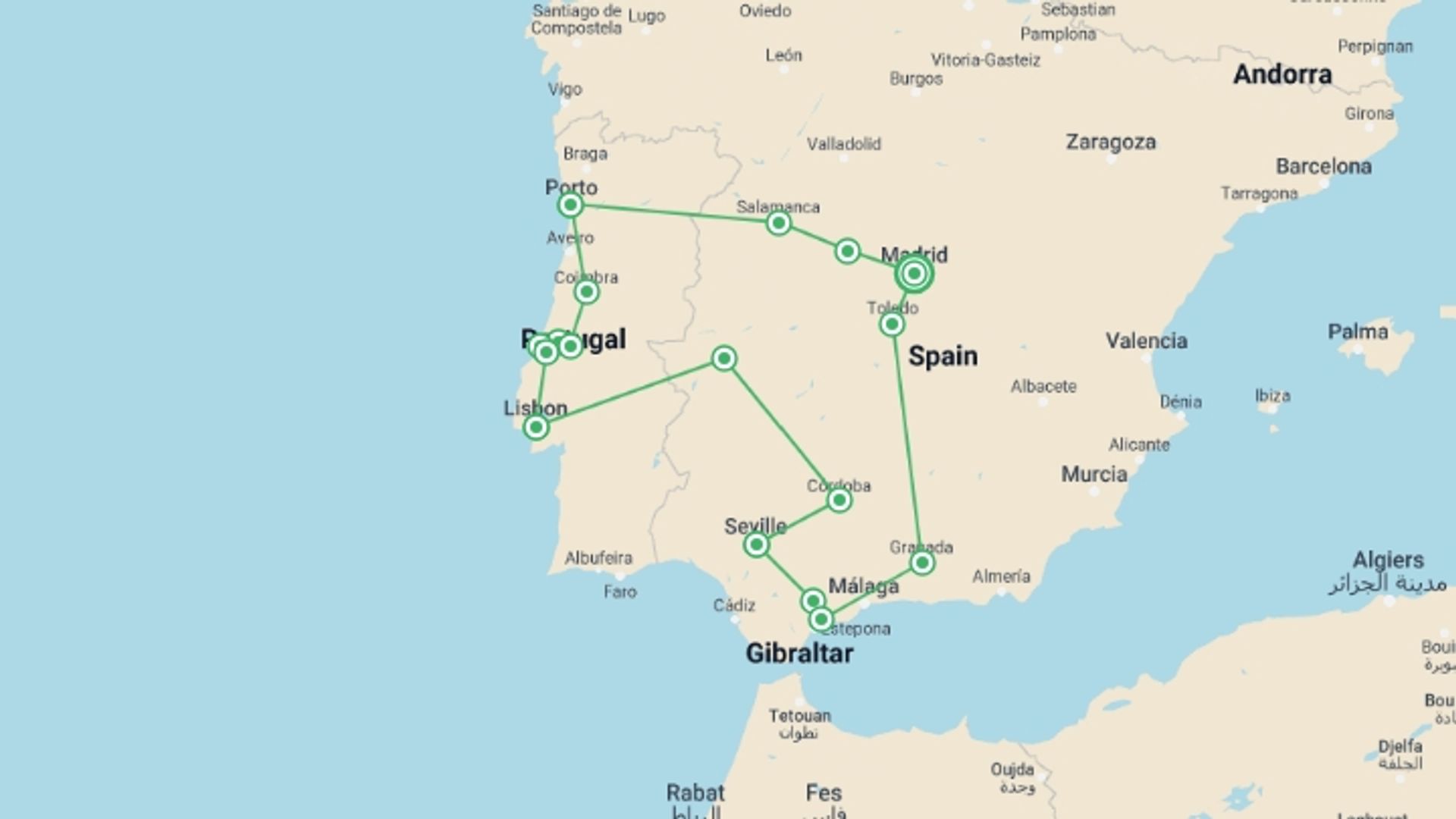 A map showing the tour itinerary for the trip: Portugal And Andalusia (multi Country), starting in Madrid, Spain and ending in Madrid, Spain going through 7 other destinations.