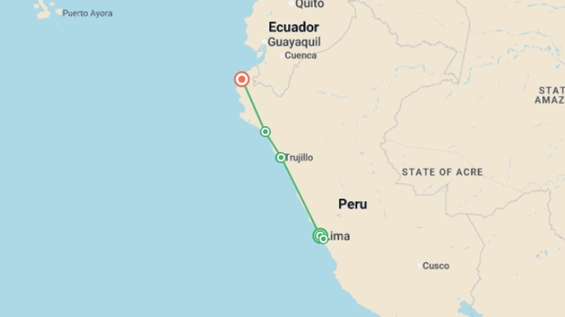 A map showing the tour itinerary for the trip: Northern Peru Discovery - 14 days, starting in Lima, Peru and ending in Piura, Peru going through 3 other destinations.