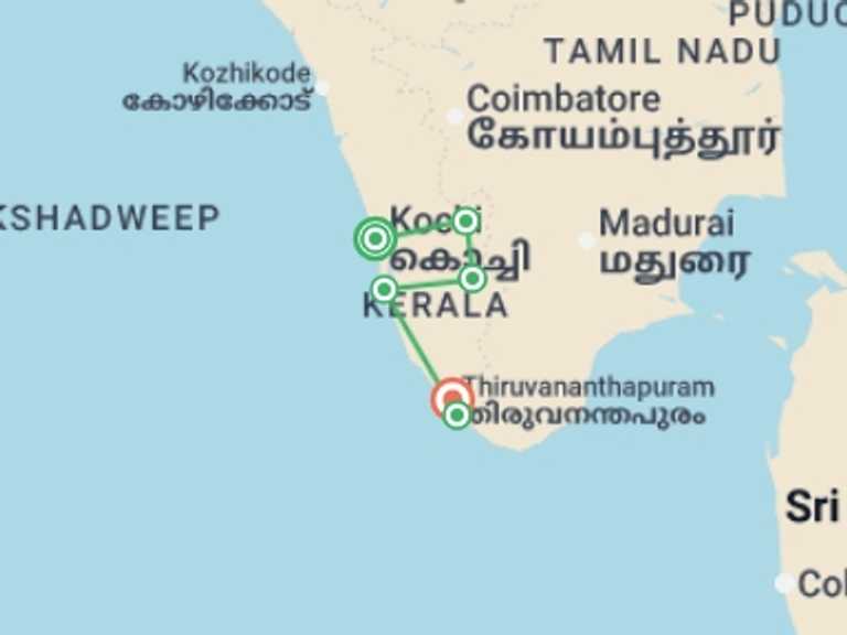 Map itinerary of India Tour in December 2025 with 7 destination visits for the trip: Kerala & Beach - 10 days
