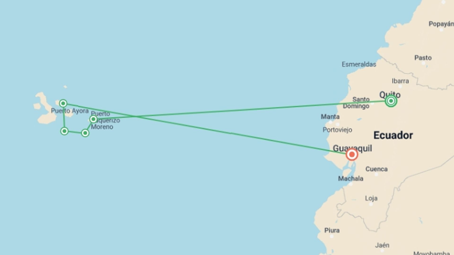 A map showing the tour itinerary for the trip: Galapagos Escape - Solaris (Itinerary C), starting in Quito, Ecuador and ending in Guayaquil, Ecuador going through 4 other destinations.