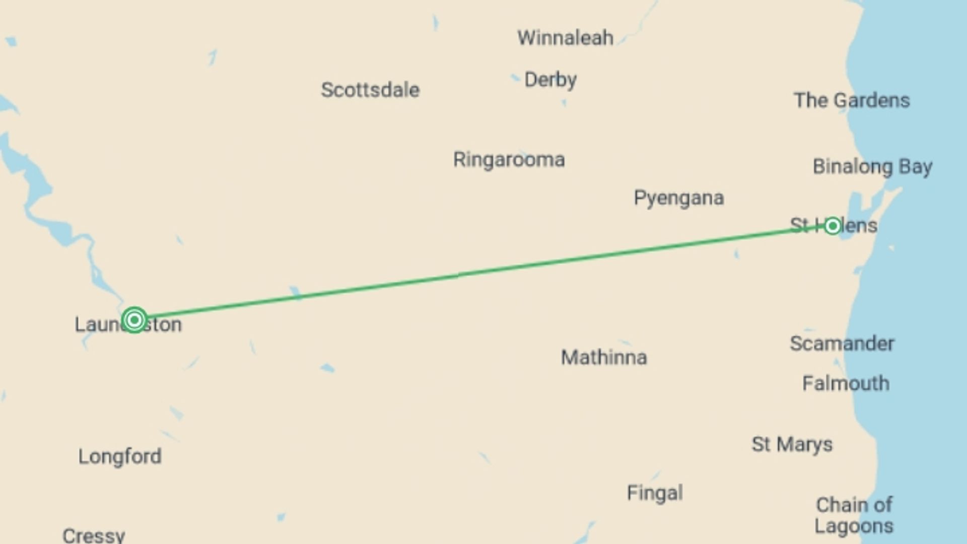 A map showing the tour itinerary for the trip: Walk Tasmania's Bay of Fires, starting in Launceston, Australia and ending in Launceston, Australia going through 1 other destinations.