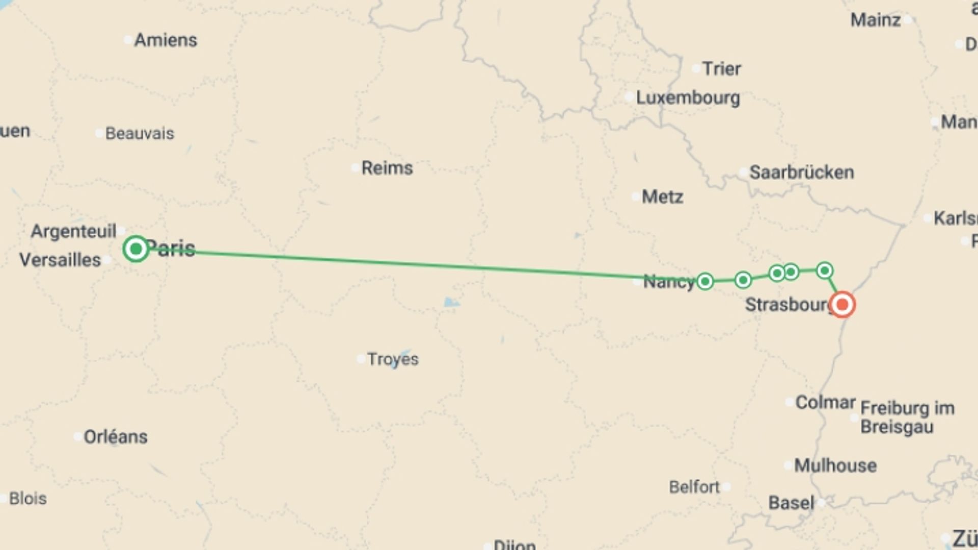 A map showing the tour itinerary for the trip: A Charming Cruise through Lorraine and Alsace and along the Marne-Rhine Canal (port-to-port cruise), starting in Paris, France and ending in Strasbourg, France going through 5 other destinations.