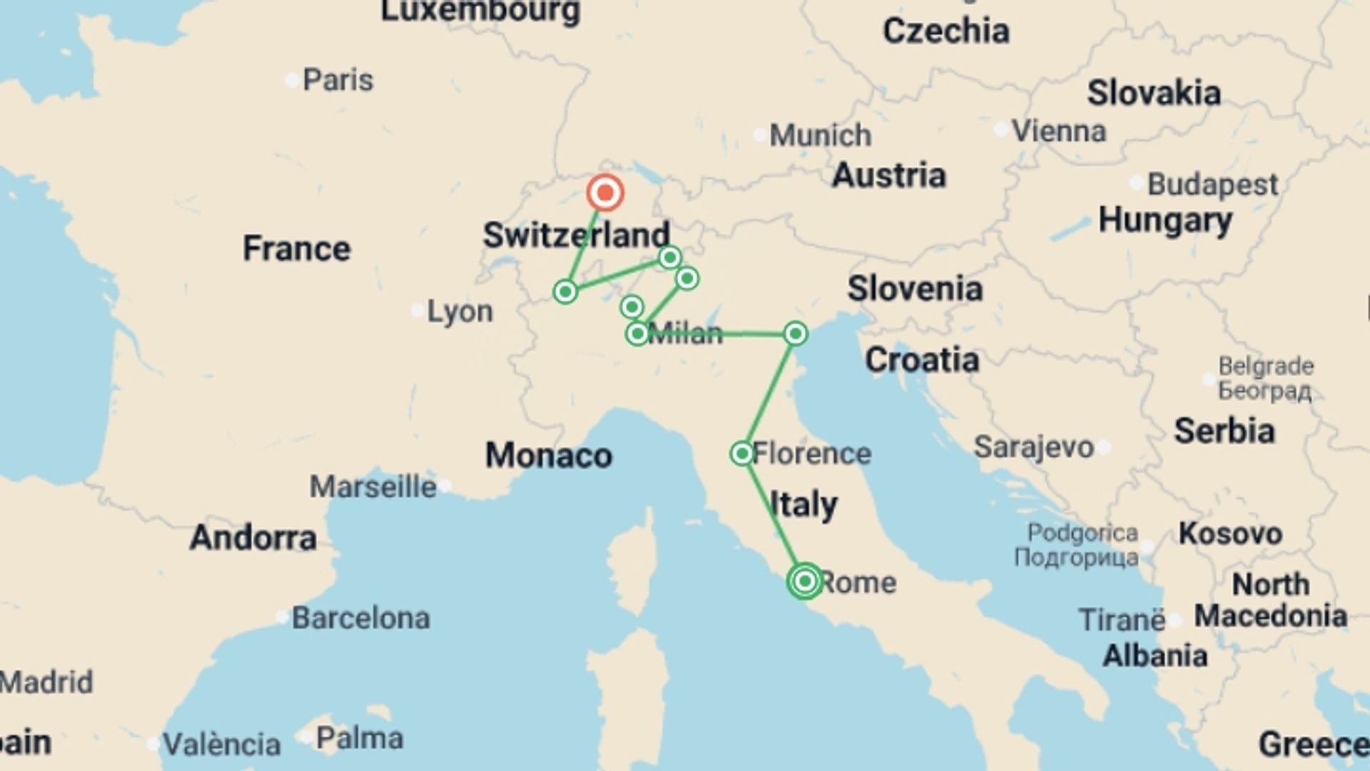 A map showing the tour itinerary for the trip: Grand Italian and Swiss escape by Rail, starting in Rome, Italy and ending in Zurich, Switzerland going through 5 other destinations.