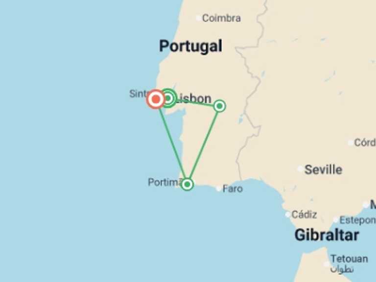 Map of Europe Tour with 4 destination visits for the trip: Sunny Portugal Lisbon, Alentejo, Algarve & Portuguese Riviera