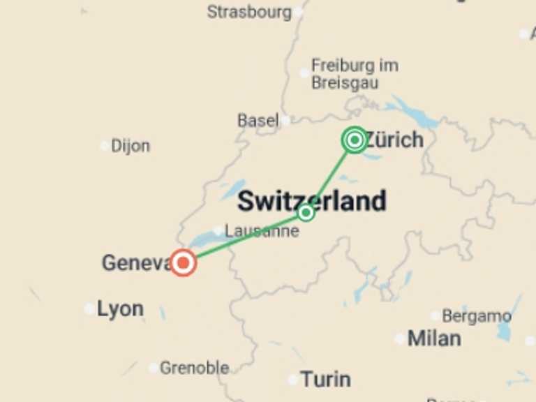 Map of Switzerland Tour with 3 destination visits for the trip: Zurich to Geneva - 7 days