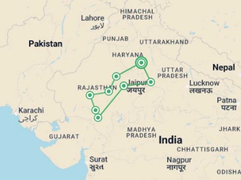 Map of Asia Art and architecture Tour with 7 destination visits for the trip: Discover The Soul Of North India, French-speaking Guide
