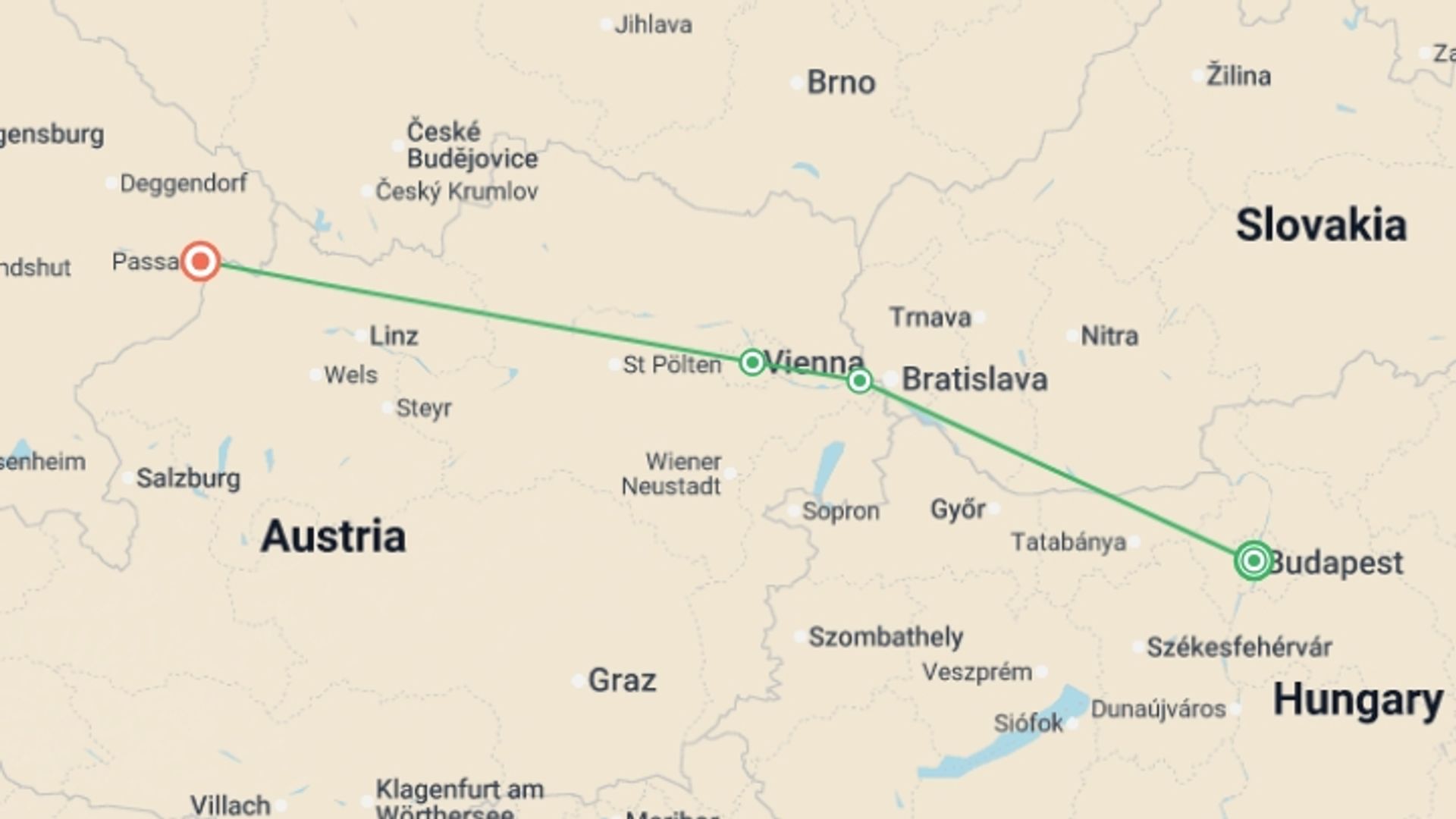 A map showing the tour itinerary for the trip: The Beautiful Blue Danube (port-to-port cruise), starting in Budapest, Hungary and ending in Passau, Germany going through 2 other destinations.