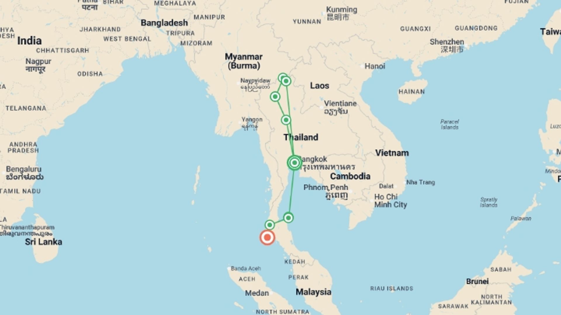 A map showing the tour itinerary for the trip: Real Thailand, starting in Bangkok, Thailand and ending in Phuket, Thailand going through 8 other destinations.