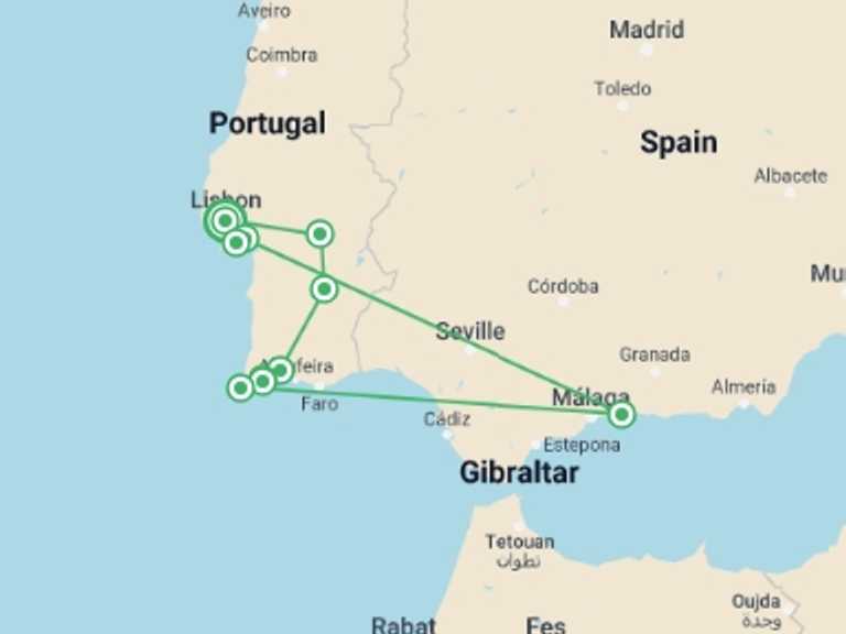 Map of Lisbon Cultural, religious and historic sites Tour with 5 destination visits for the trip: Southern Portugal Explorer