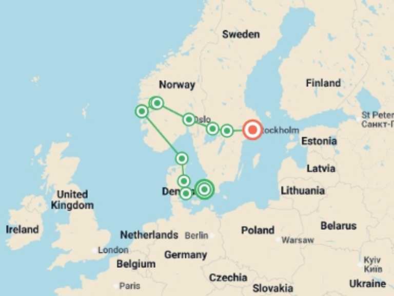Map itinerary of Europe Tour in April 2027 with 6 destination visits for the trip: Scandinavian Escape
