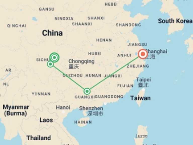 Map of China Tour with 4 destination visits for the trip: China Uncovered