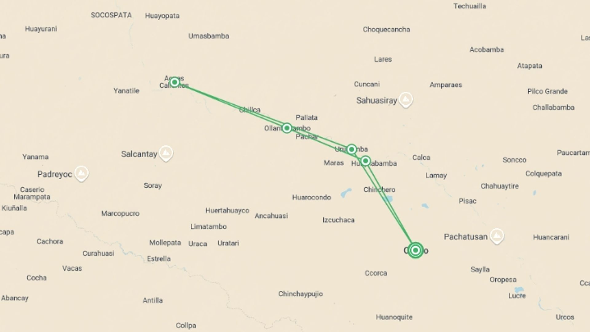 A map showing the tour itinerary for the trip: Extraordinary Cusco : Small Group Tour, starting in Cusco, Peru and ending in Cusco, Peru going through 6 other destinations.