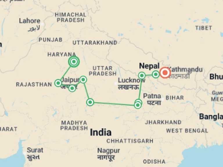 Map itinerary of Varanasi Tour in December 2026 with 10 destination visits for the trip: Highlights of India & Nepal