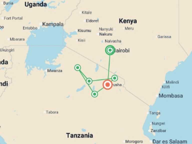 Map of Africa Wildlife safaris and game drives Tour with 6 destination visits for the trip: Kenya & Tanzania 4WD Safari Adventure 10D/9N