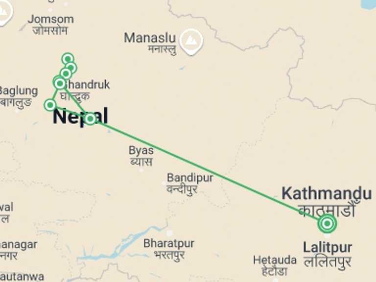 Map of a Eco Tour with 8 destination visits for the trip: Annapurna Base Camp Trek 