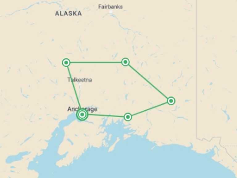Map of a Camping Tour with 6 destination visits for the trip: Denali Alaska Highlights
