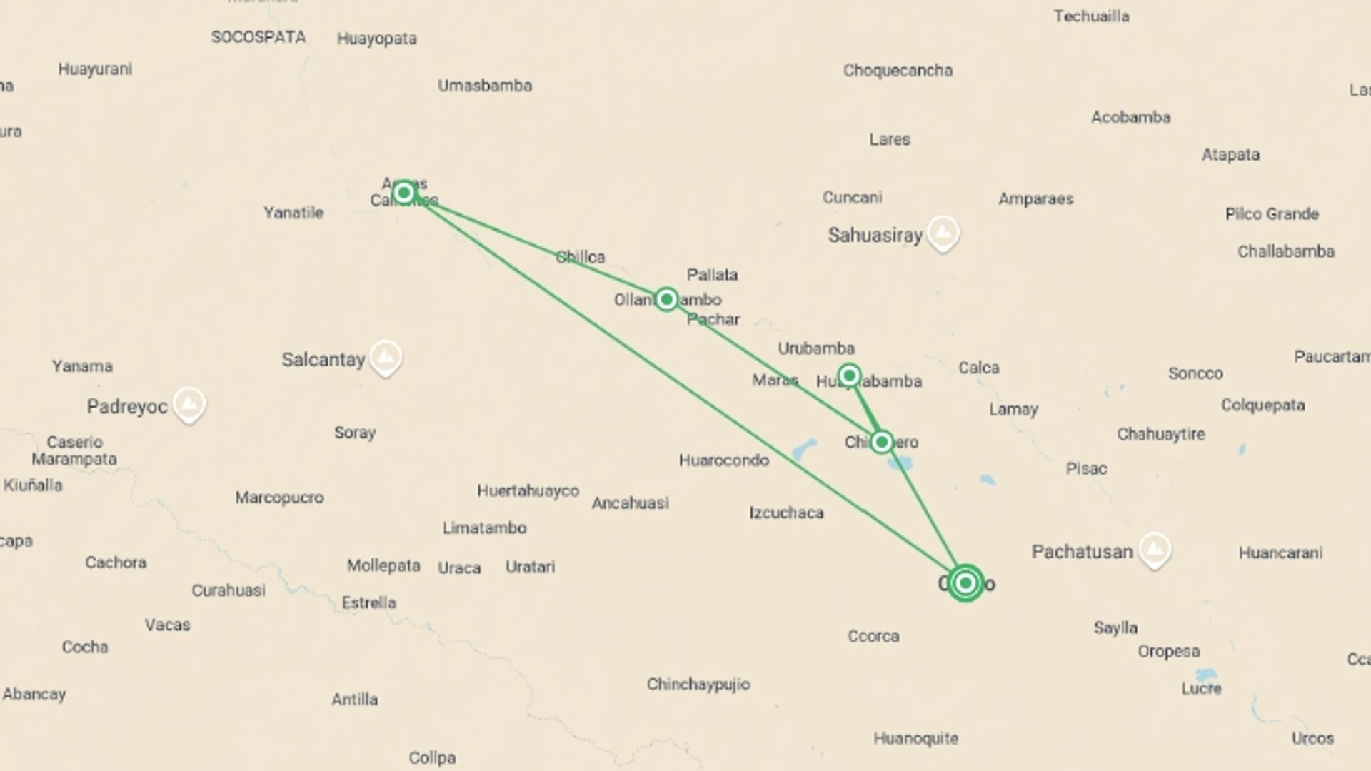 A map showing the tour itinerary for the trip: The Heart Of The Empire, Private Tour, starting in Cusco, Peru and ending in Cusco, Peru going through 3 other destinations.