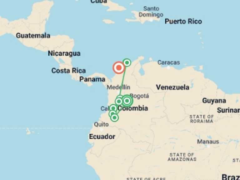 Map of Bogota Cultural, religious and historic sites Tour with 8 destination visits for the trip: Colombia: Culture, Coffee & Caribbean