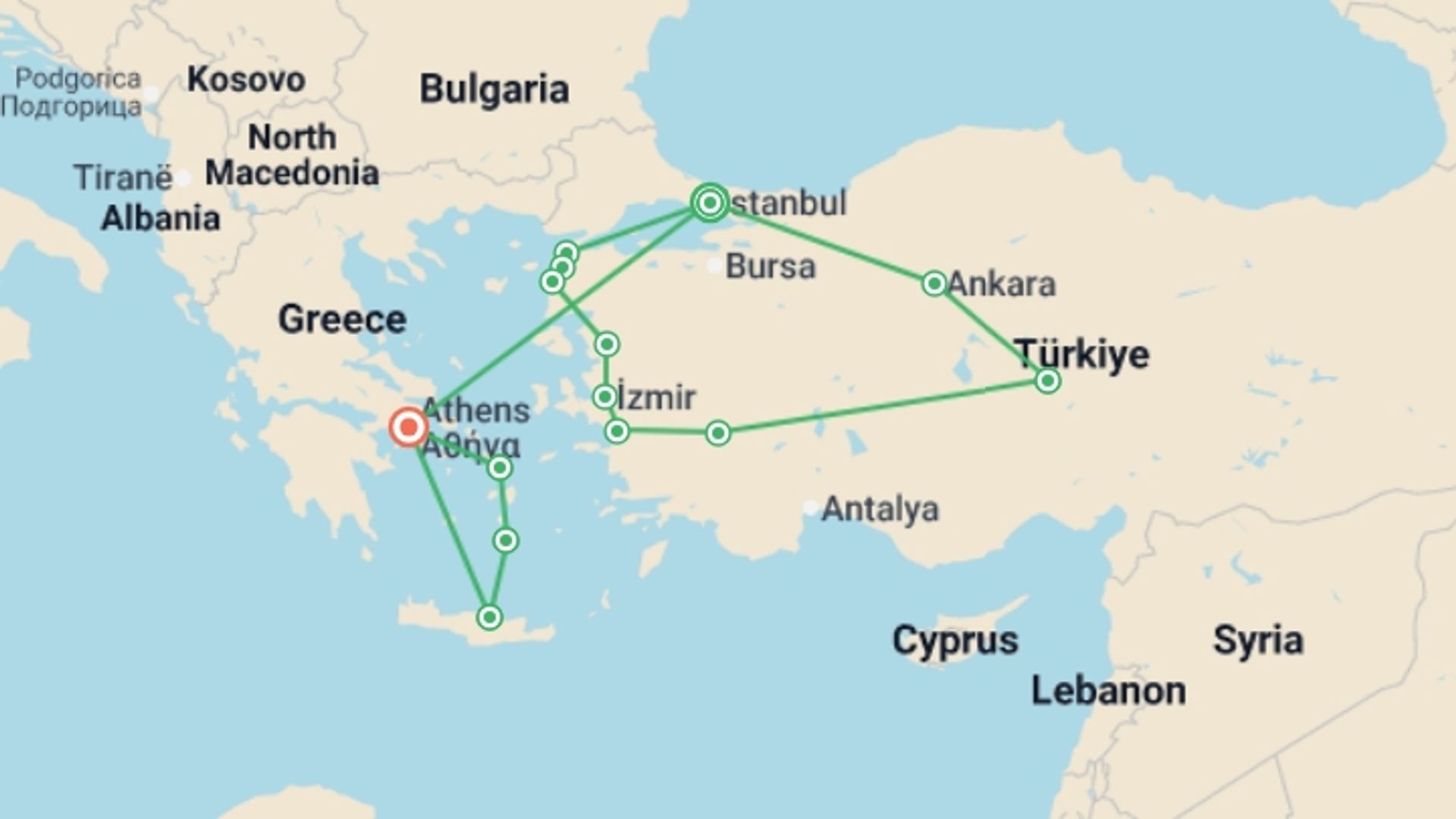 A map showing the tour itinerary for the trip: Turkey to Athens & Greek Islands - 18 days, starting in Istanbul, Turkey and ending in Athens, Greece going through 8 other destinations.