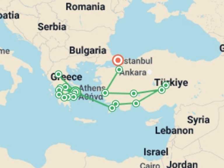 Map itinerary of Ephesus Tour in October 2025 with 15 destination visits for the trip: Complete Greece and Turkish Tour