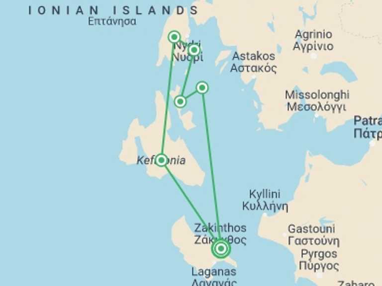 Map of a Sailing, yachting and motor boating Tour with 5 destination visits for the trip: 8-day/7-night Zante gulet cruise 2025