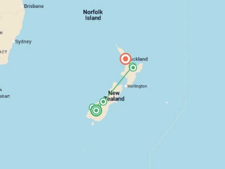 Map of New Zealand Tour with 6 destination visits for the trip: New Zealand: See & Experience it all in 9 days