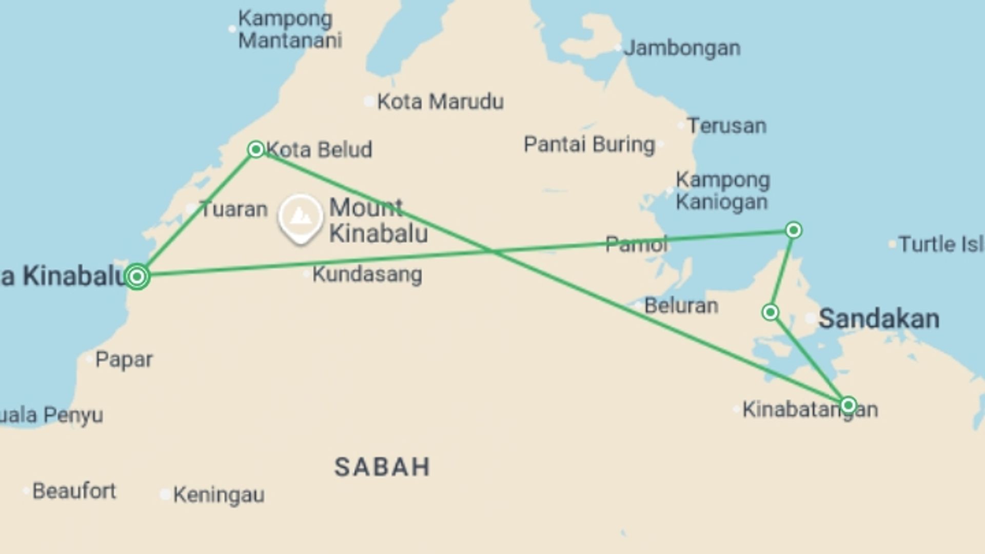 A map showing the tour itinerary for the trip: Borneo – East Sabah Adventure, starting in Kota Kinabalu, Malaysia and ending in Kota Kinabalu, Malaysia going through 4 other destinations.