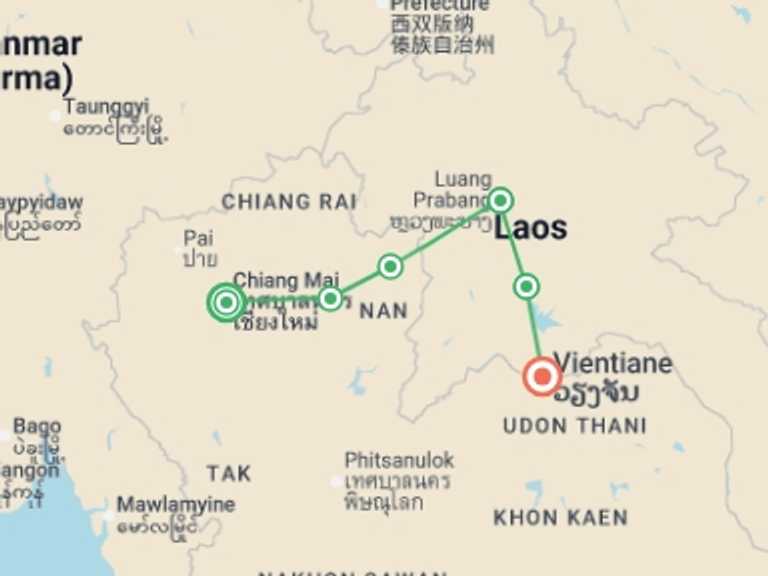 Map itinerary of Asia Tour in November 2026 with 6 destination visits for the trip: Essential Thailand & Laos